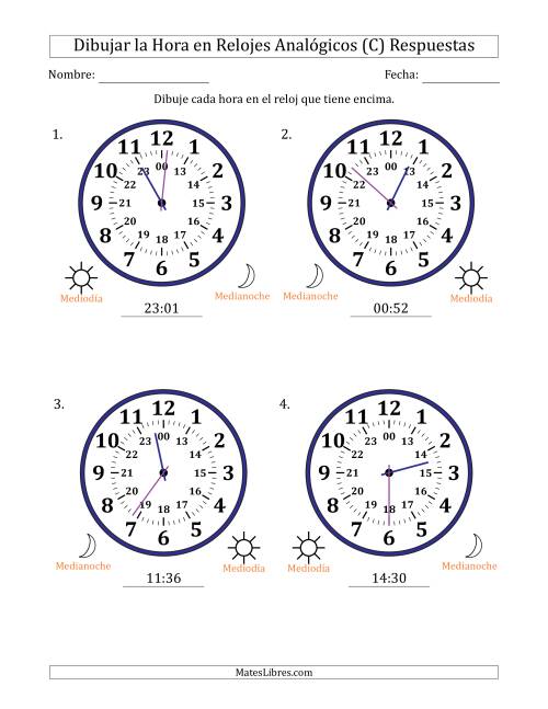 La hoja de ejercicios de Representar la Hora en Relojes Analógicos de 24 Horas en Intervalos de 1 Minuto (4 Relojes Grandes) (C) Página 2