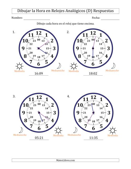 La hoja de ejercicios de Representar la Hora en Relojes Analógicos de 24 Horas en Intervalos de 1 Minuto (4 Relojes Grandes) (D) Página 2