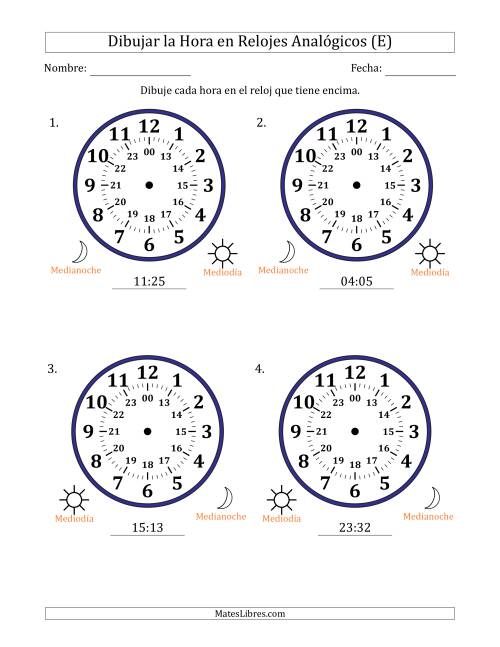 La hoja de ejercicios de Representar la Hora en Relojes Analógicos de 24 Horas en Intervalos de 1 Minuto (4 Relojes Grandes) (E)