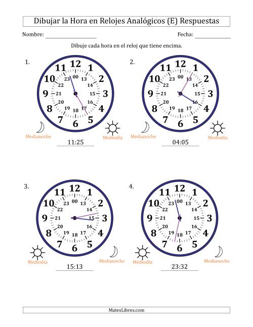 La hoja de ejercicios de Representar la Hora en Relojes Analógicos de 24 Horas en Intervalos de 1 Minuto (4 Relojes Grandes) (E) Página 2