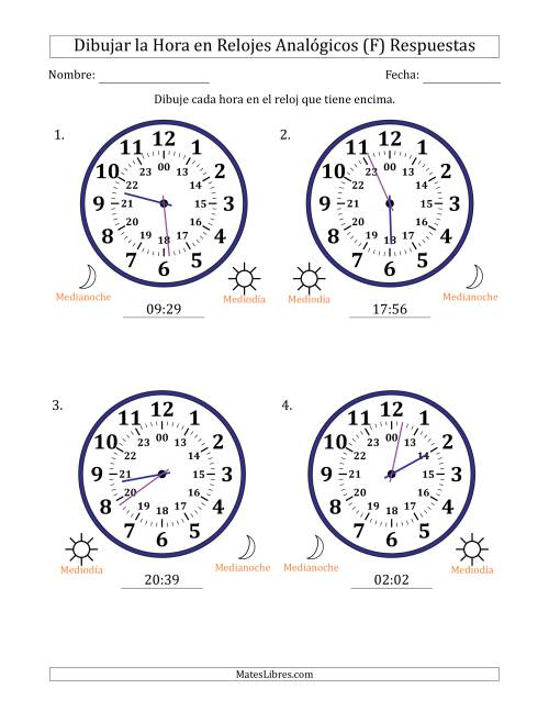 La hoja de ejercicios de Representar la Hora en Relojes Analógicos de 24 Horas en Intervalos de 1 Minuto (4 Relojes Grandes) (F) Página 2