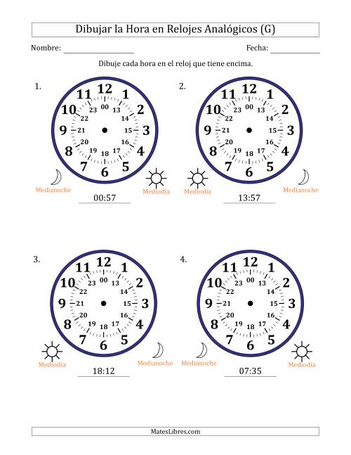 La hoja de ejercicios de Representar la Hora en Relojes Analógicos de 24 Horas en Intervalos de 1 Minuto (4 Relojes Grandes) (G)