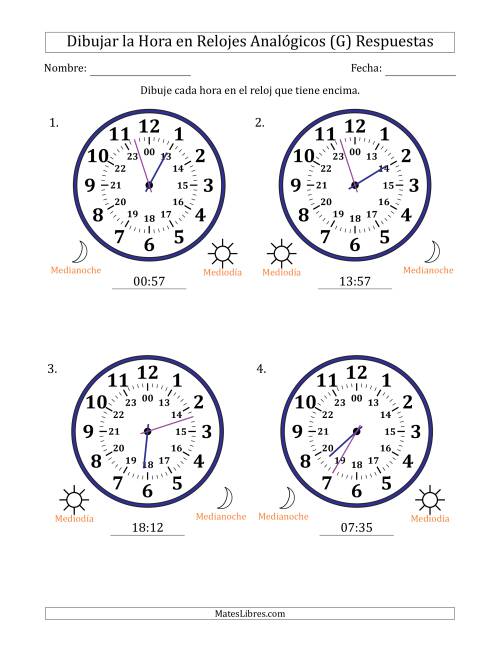 La hoja de ejercicios de Representar la Hora en Relojes Analógicos de 24 Horas en Intervalos de 1 Minuto (4 Relojes Grandes) (G) Página 2