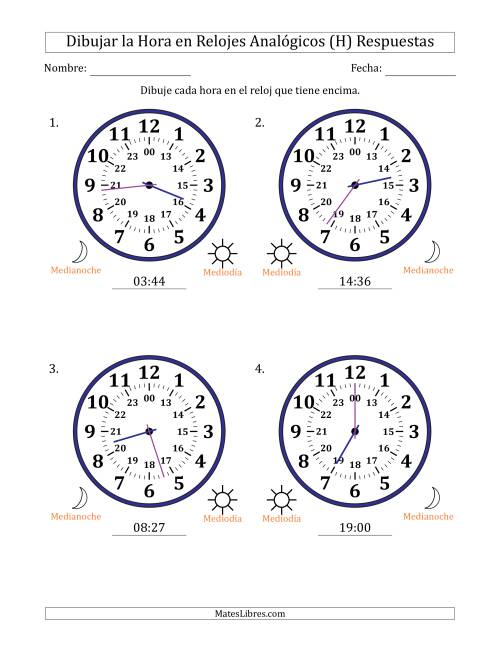 La hoja de ejercicios de Representar la Hora en Relojes Analógicos de 24 Horas en Intervalos de 1 Minuto (4 Relojes Grandes) (H) Página 2