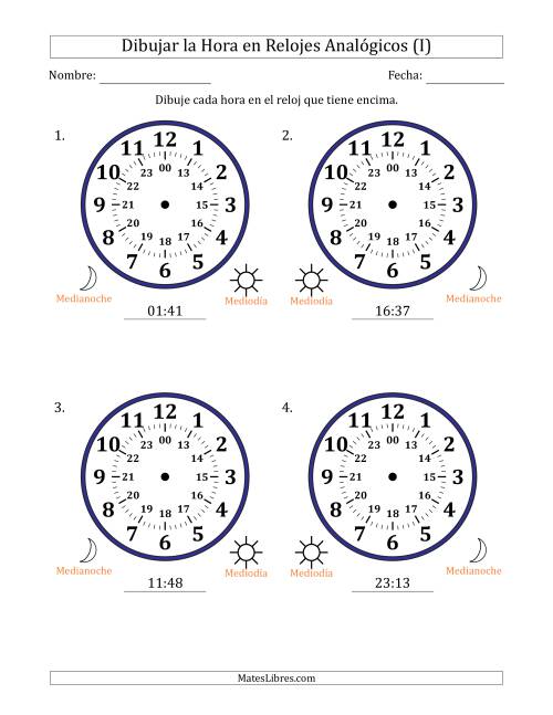 La hoja de ejercicios de Representar la Hora en Relojes Analógicos de 24 Horas en Intervalos de 1 Minuto (4 Relojes Grandes) (I)
