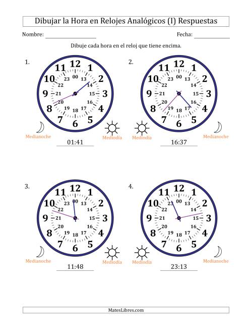 La hoja de ejercicios de Representar la Hora en Relojes Analógicos de 24 Horas en Intervalos de 1 Minuto (4 Relojes Grandes) (I) Página 2