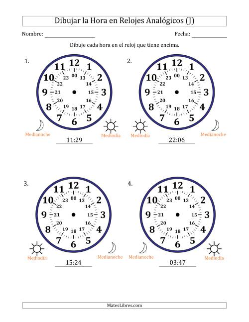 La hoja de ejercicios de Representar la Hora en Relojes Analógicos de 24 Horas en Intervalos de 1 Minuto (4 Relojes Grandes) (J)
