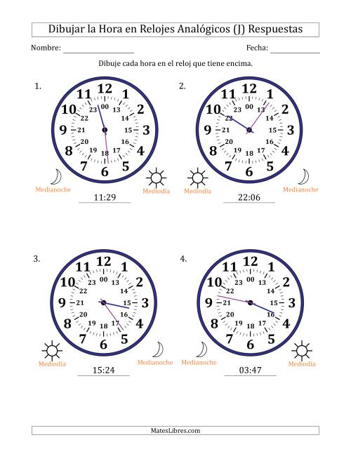 La hoja de ejercicios de Representar la Hora en Relojes Analógicos de 24 Horas en Intervalos de 1 Minuto (4 Relojes Grandes) (J) Página 2