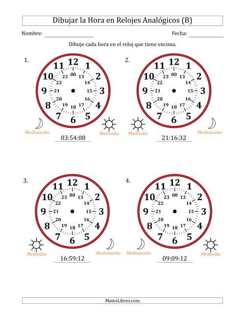 La hoja de ejercicios de Representar la Hora en Relojes Analógicos de 24 Horas en Intervalos de 1 Segundo (4 Relojes Grandes) (B)