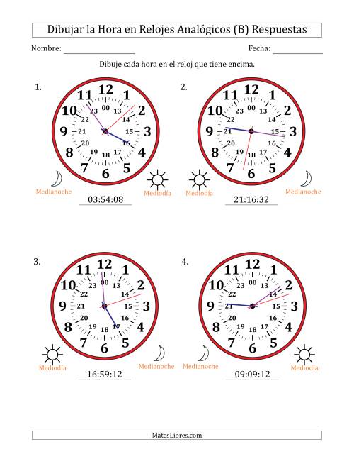 La hoja de ejercicios de Representar la Hora en Relojes Analógicos de 24 Horas en Intervalos de 1 Segundo (4 Relojes Grandes) (B) Página 2