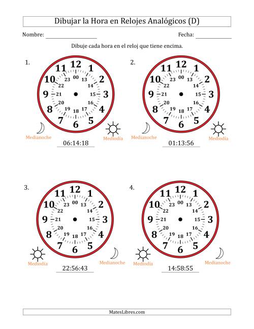 La hoja de ejercicios de Representar la Hora en Relojes Analógicos de 24 Horas en Intervalos de 1 Segundo (4 Relojes Grandes) (D)