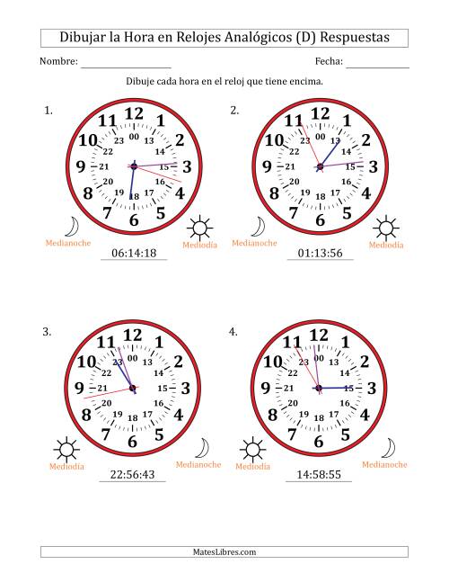 La hoja de ejercicios de Representar la Hora en Relojes Analógicos de 24 Horas en Intervalos de 1 Segundo (4 Relojes Grandes) (D) Página 2