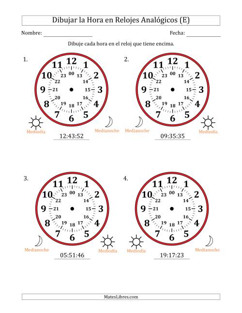 La hoja de ejercicios de Representar la Hora en Relojes Analógicos de 24 Horas en Intervalos de 1 Segundo (4 Relojes Grandes) (E)
