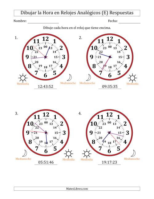 La hoja de ejercicios de Representar la Hora en Relojes Analógicos de 24 Horas en Intervalos de 1 Segundo (4 Relojes Grandes) (E) Página 2
