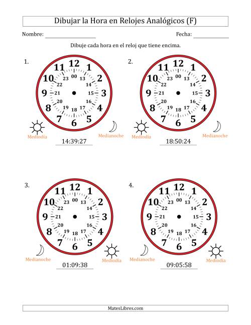 La hoja de ejercicios de Representar la Hora en Relojes Analógicos de 24 Horas en Intervalos de 1 Segundo (4 Relojes Grandes) (F)