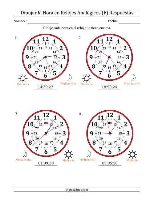 La hoja de ejercicios de Representar la Hora en Relojes Analógicos de 24 Horas en Intervalos de 1 Segundo (4 Relojes Grandes) (F) Página 2