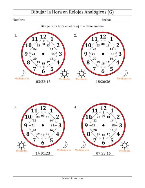 La hoja de ejercicios de Representar la Hora en Relojes Analógicos de 24 Horas en Intervalos de 1 Segundo (4 Relojes Grandes) (G)