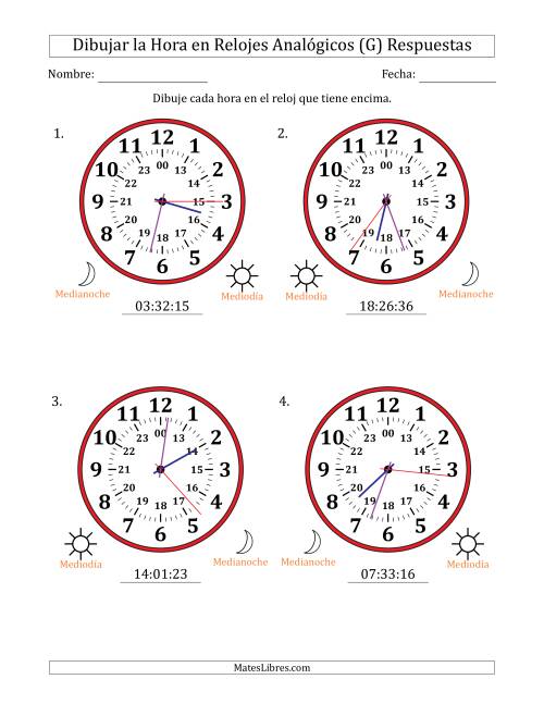 La hoja de ejercicios de Representar la Hora en Relojes Analógicos de 24 Horas en Intervalos de 1 Segundo (4 Relojes Grandes) (G) Página 2