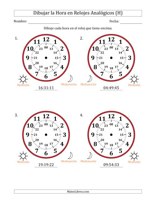 La hoja de ejercicios de Representar la Hora en Relojes Analógicos de 24 Horas en Intervalos de 1 Segundo (4 Relojes Grandes) (H)