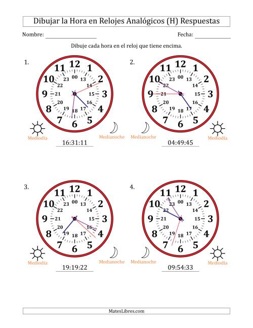La hoja de ejercicios de Representar la Hora en Relojes Analógicos de 24 Horas en Intervalos de 1 Segundo (4 Relojes Grandes) (H) Página 2