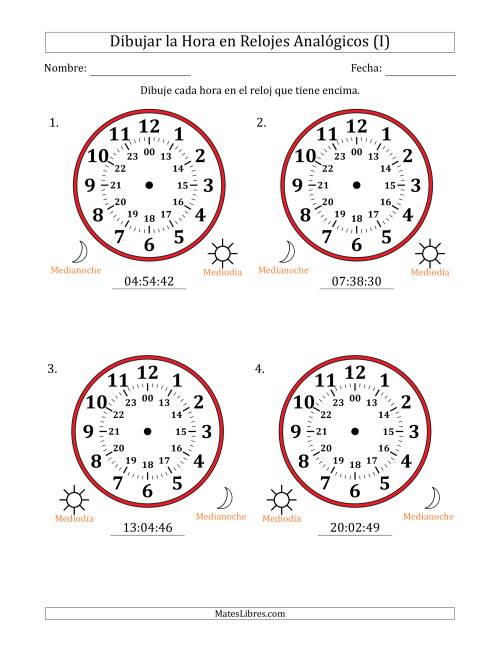 La hoja de ejercicios de Representar la Hora en Relojes Analógicos de 24 Horas en Intervalos de 1 Segundo (4 Relojes Grandes) (I)