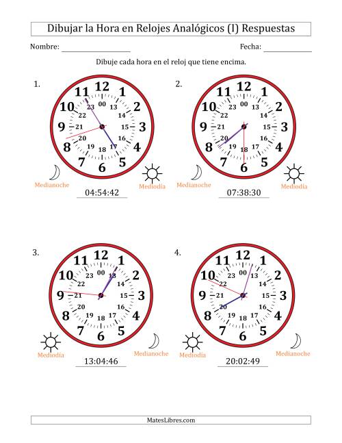 La hoja de ejercicios de Representar la Hora en Relojes Analógicos de 24 Horas en Intervalos de 1 Segundo (4 Relojes Grandes) (I) Página 2