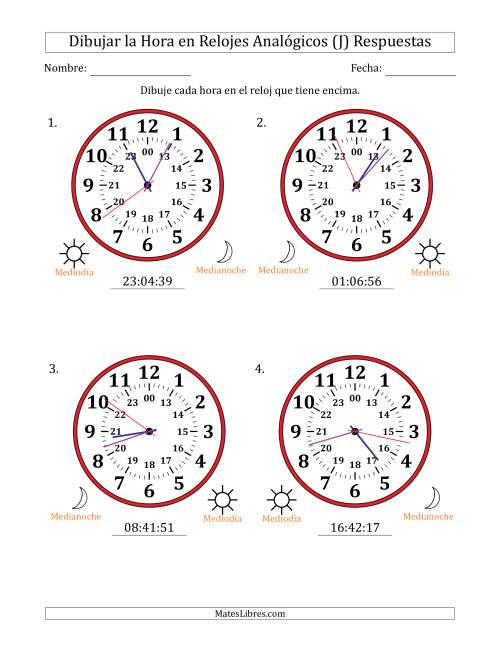 La hoja de ejercicios de Representar la Hora en Relojes Analógicos de 24 Horas en Intervalos de 1 Segundo (4 Relojes Grandes) (J) Página 2