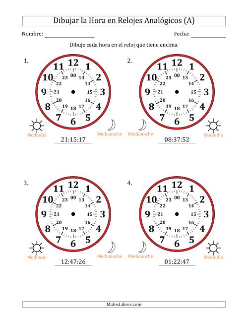 La hoja de ejercicios de Representar la Hora en Relojes Analógicos de 24 Horas en Intervalos de 1 Segundo (4 Relojes Grandes) (Todas)