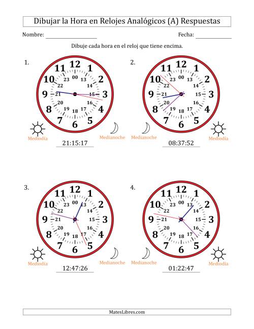 La hoja de ejercicios de Representar la Hora en Relojes Analógicos de 24 Horas en Intervalos de 1 Segundo (4 Relojes Grandes) (Todas) Página 2