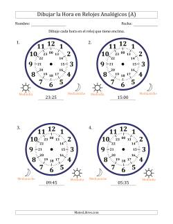 Representar la Hora en Relojes Analógicos de 24 Horas en Intervalos de 5 Minuto (4 Relojes Grandes)