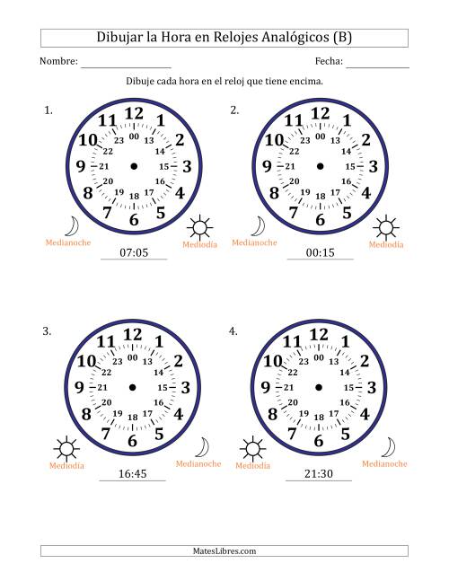 La hoja de ejercicios de Representar la Hora en Relojes Analógicos de 24 Horas en Intervalos de 5 Minuto (4 Relojes Grandes) (B)