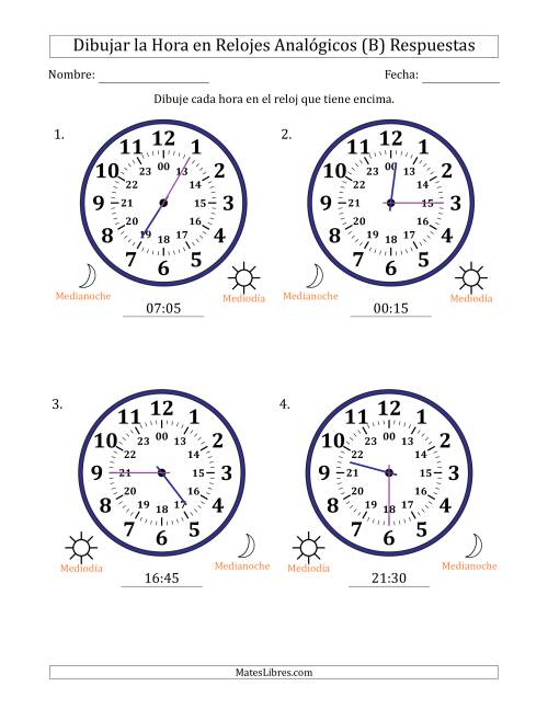 La hoja de ejercicios de Representar la Hora en Relojes Analógicos de 24 Horas en Intervalos de 5 Minuto (4 Relojes Grandes) (B) Página 2