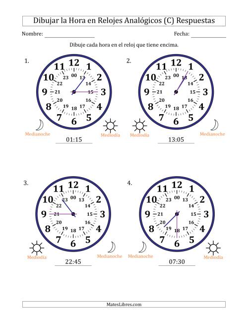 La hoja de ejercicios de Representar la Hora en Relojes Analógicos de 24 Horas en Intervalos de 5 Minuto (4 Relojes Grandes) (C) Página 2