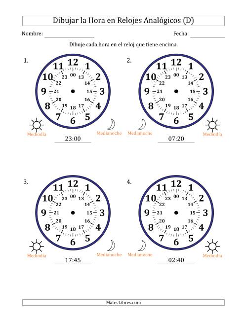 La hoja de ejercicios de Representar la Hora en Relojes Analógicos de 24 Horas en Intervalos de 5 Minuto (4 Relojes Grandes) (D)