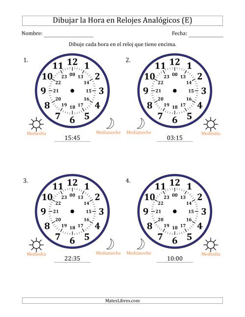 La hoja de ejercicios de Representar la Hora en Relojes Analógicos de 24 Horas en Intervalos de 5 Minuto (4 Relojes Grandes) (E)