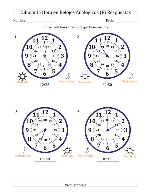 La hoja de ejercicios de Representar la Hora en Relojes Analógicos de 24 Horas en Intervalos de 5 Minuto (4 Relojes Grandes) (F) Página 2