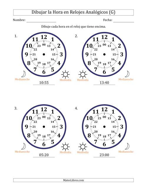 La hoja de ejercicios de Representar la Hora en Relojes Analógicos de 24 Horas en Intervalos de 5 Minuto (4 Relojes Grandes) (G)