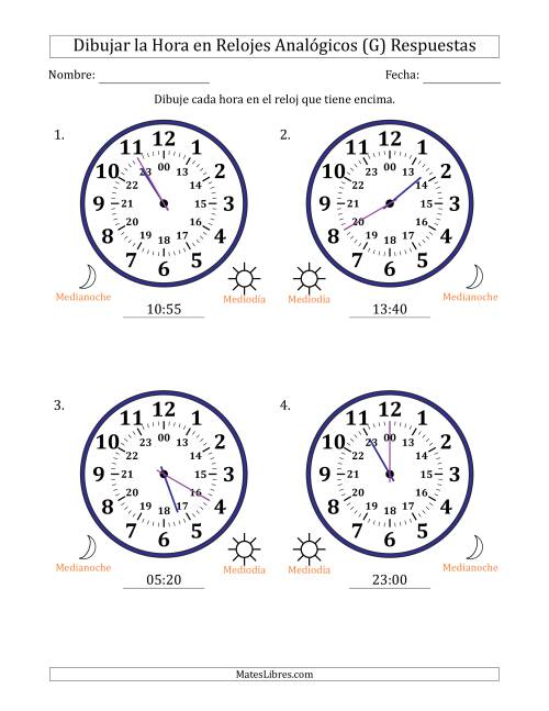 La hoja de ejercicios de Representar la Hora en Relojes Analógicos de 24 Horas en Intervalos de 5 Minuto (4 Relojes Grandes) (G) Página 2