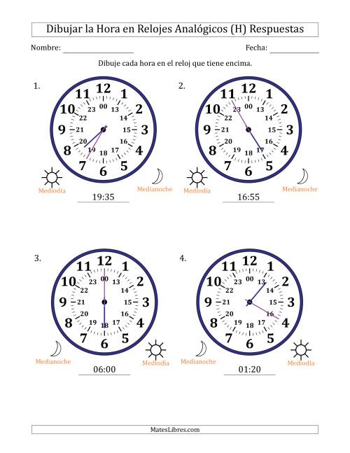La hoja de ejercicios de Representar la Hora en Relojes Analógicos de 24 Horas en Intervalos de 5 Minuto (4 Relojes Grandes) (H) Página 2