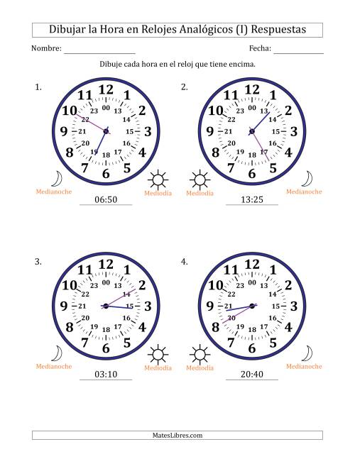 La hoja de ejercicios de Representar la Hora en Relojes Analógicos de 24 Horas en Intervalos de 5 Minuto (4 Relojes Grandes) (I) Página 2