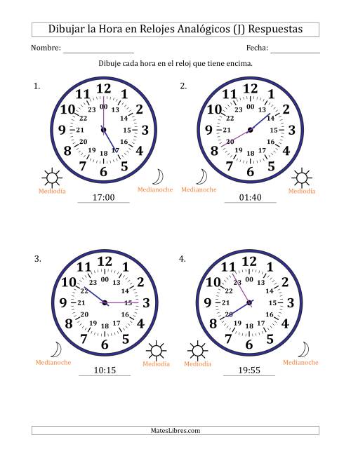 La hoja de ejercicios de Representar la Hora en Relojes Analógicos de 24 Horas en Intervalos de 5 Minuto (4 Relojes Grandes) (J) Página 2