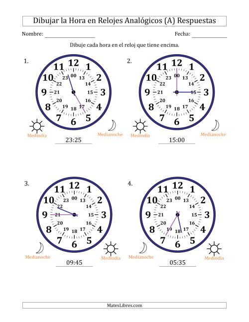 La hoja de ejercicios de Representar la Hora en Relojes Analógicos de 24 Horas en Intervalos de 5 Minuto (4 Relojes Grandes) (Todas) Página 2