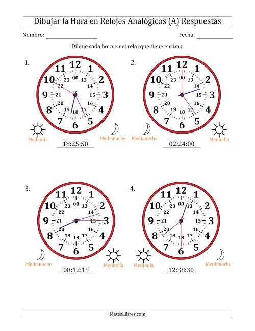 La hoja de ejercicios de Representar la Hora en Relojes Analógicos de 24 Horas en Intervalos de 5 Segundo (4 Relojes Grandes) (A) Página 2