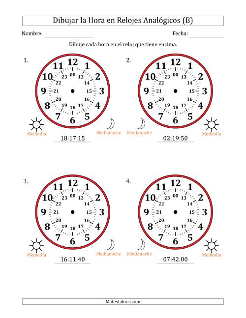 La hoja de ejercicios de Representar la Hora en Relojes Analógicos de 24 Horas en Intervalos de 5 Segundo (4 Relojes Grandes) (B)