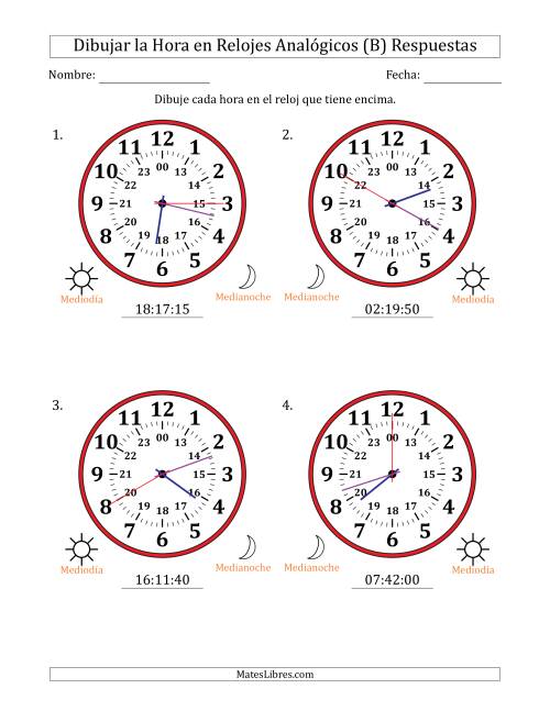 La hoja de ejercicios de Representar la Hora en Relojes Analógicos de 24 Horas en Intervalos de 5 Segundo (4 Relojes Grandes) (B) Página 2