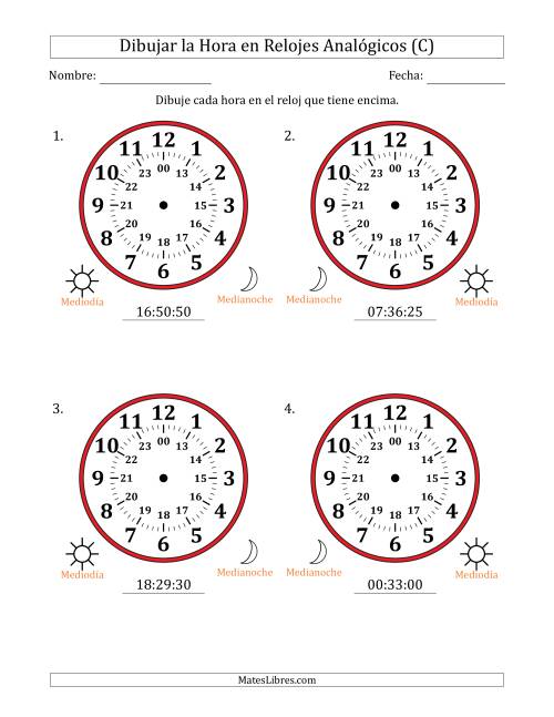 La hoja de ejercicios de Representar la Hora en Relojes Analógicos de 24 Horas en Intervalos de 5 Segundo (4 Relojes Grandes) (C)