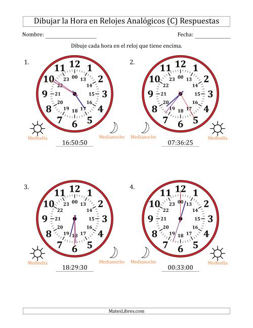 La hoja de ejercicios de Representar la Hora en Relojes Analógicos de 24 Horas en Intervalos de 5 Segundo (4 Relojes Grandes) (C) Página 2