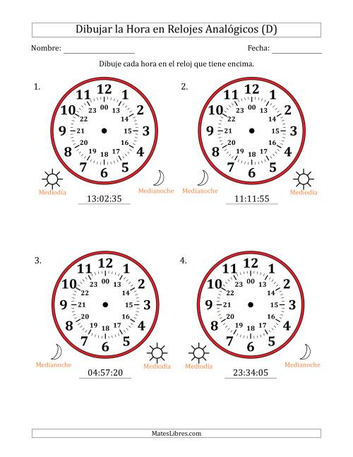 La hoja de ejercicios de Representar la Hora en Relojes Analógicos de 24 Horas en Intervalos de 5 Segundo (4 Relojes Grandes) (D)