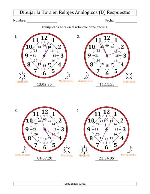 La hoja de ejercicios de Representar la Hora en Relojes Analógicos de 24 Horas en Intervalos de 5 Segundo (4 Relojes Grandes) (D) Página 2