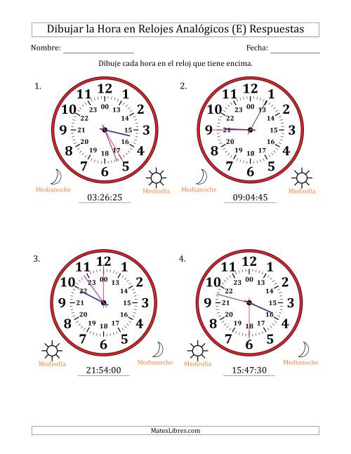 La hoja de ejercicios de Representar la Hora en Relojes Analógicos de 24 Horas en Intervalos de 5 Segundo (4 Relojes Grandes) (E) Página 2